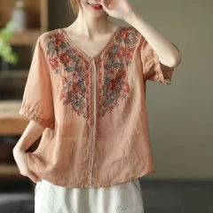 Retro Art Heavy Industry Embroidered Cotton And Hemp Top For Women - Coffee - View 1