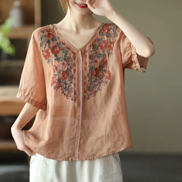 Retro Art Heavy Industry Embroidered Cotton And Hemp Top For Women Light Coffee Color - Shop at LoveMi
