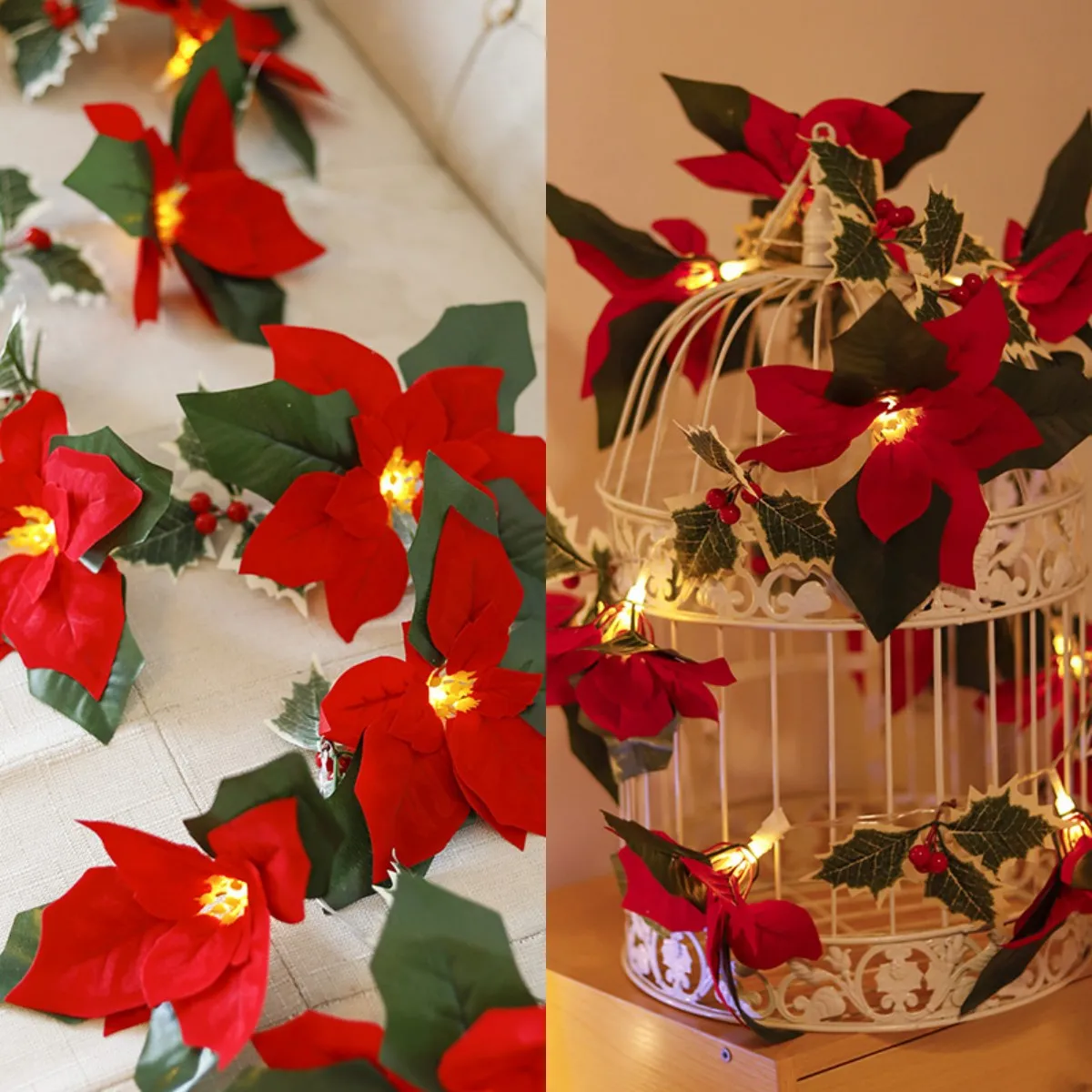 Led First Grade Christmas Lights With Red Flowers And Red Fruits For Home Decor – image 2