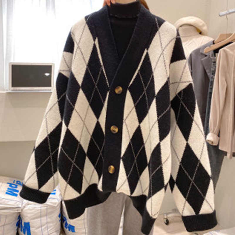 Retro Lazy Loose Rhombus Mid-Length Jacket