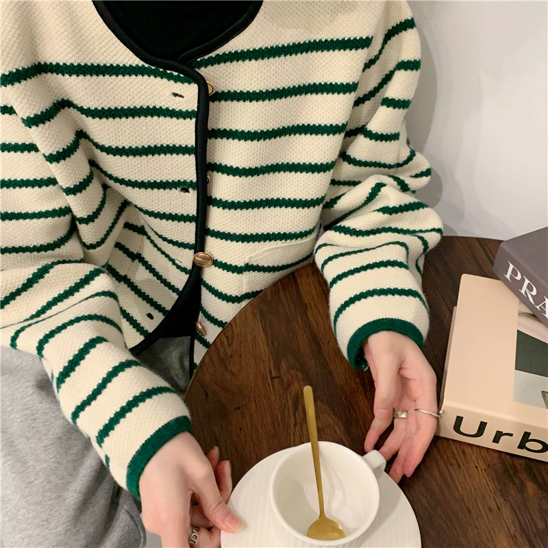 Thickened Striped Metal Single Breasted Cardigan Fashionable Casual Niche Design Coat Female