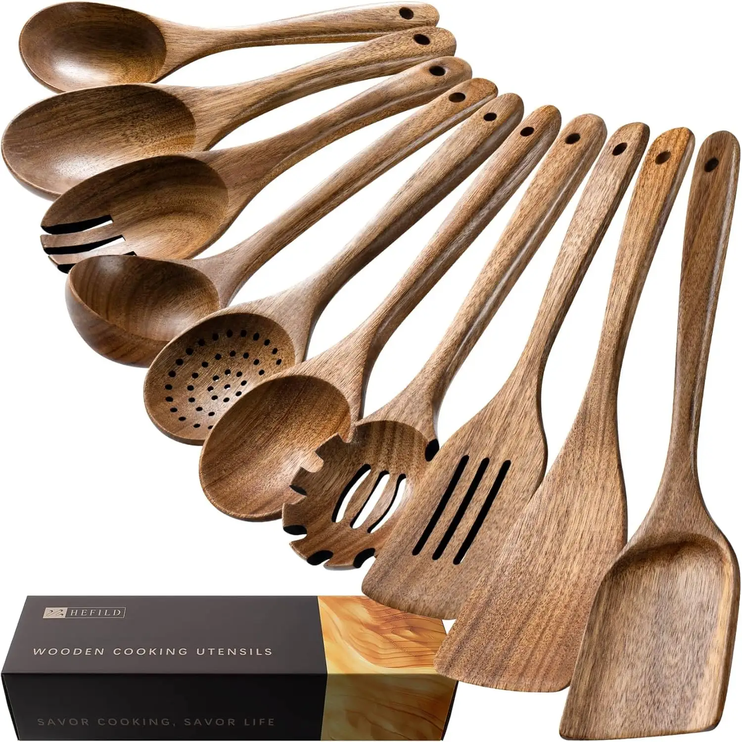 10 Pack Wooden Cooking Spoons, Acacia Wood