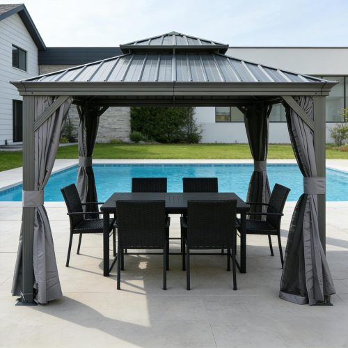 13x13FT Outdoor Gazebo, Hardtop Gazebo With Galvanized Steel Double Roof, Metal Gazebos With Drainage System Patio Pergola For Patio Deck Backyard,Curtain And Netting,Gray On-Site