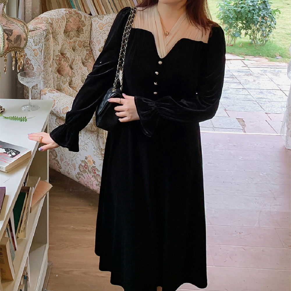 Women’s Fashion Velvet Stitching Dress