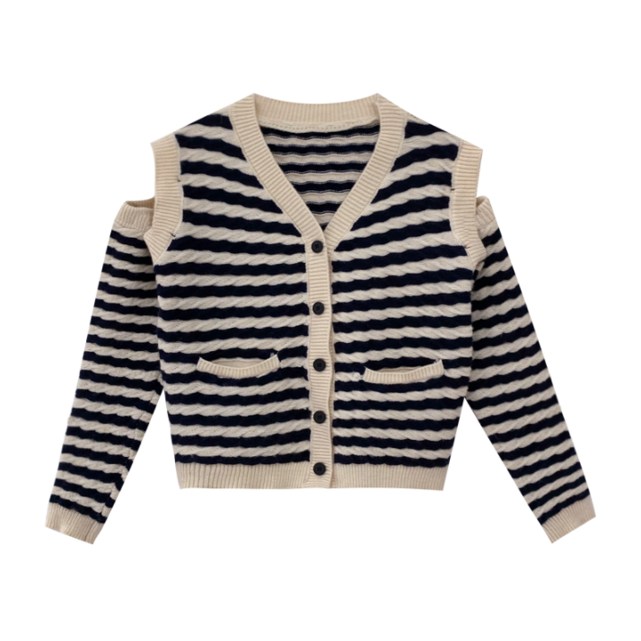 Retro Striped V-neck Single-breasted Knit Women's Long-sleeved Jacket Sweater