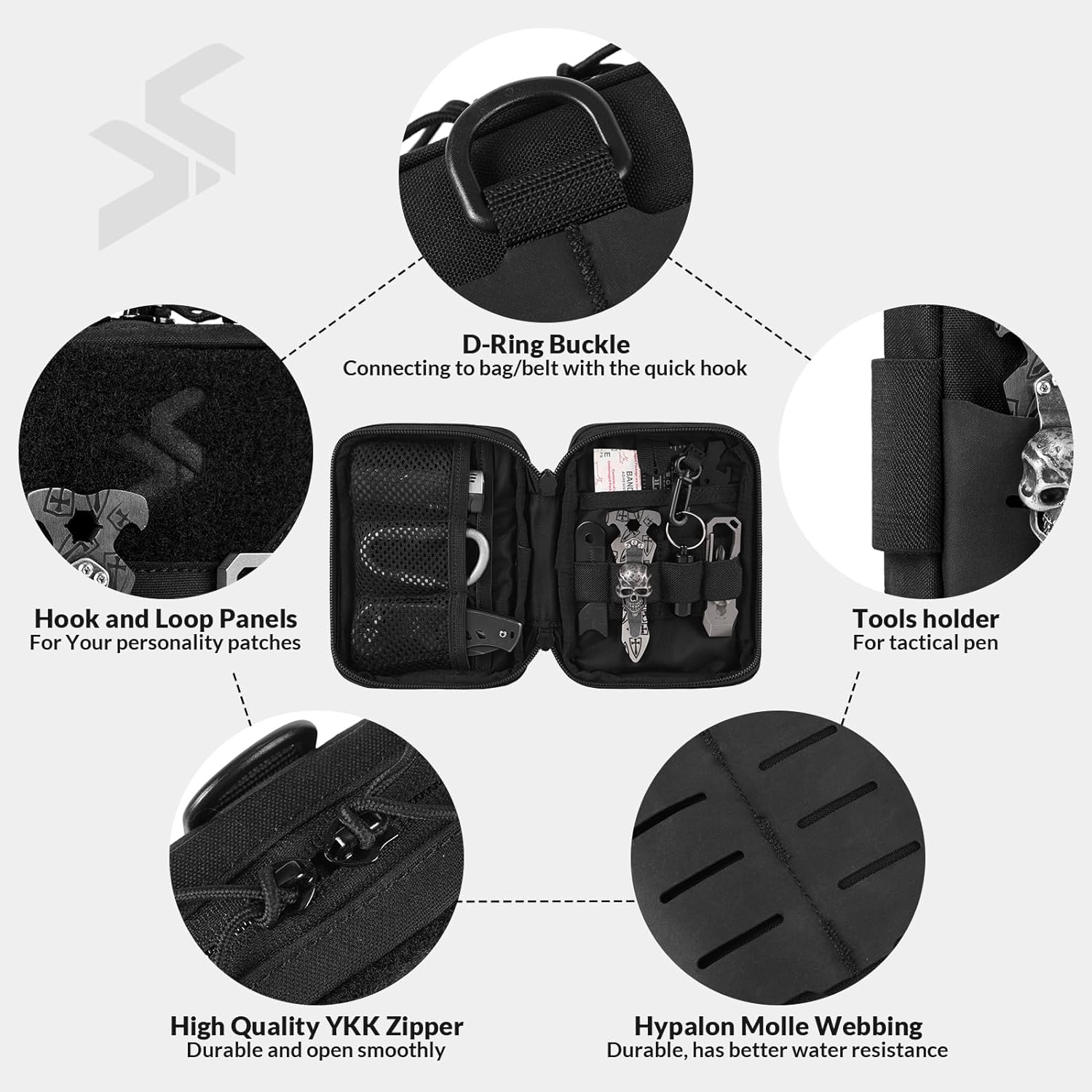 Molle EDC Tool Pouch for Men, Nylon Organizer. EDC Pocket Organizer Small tool pouch bag is made of 500D nylon, and the the front and rear molle systems are made of tear-resistant and waterproof materia Hypalon panel. The YKK zipper allows the pocket pouc