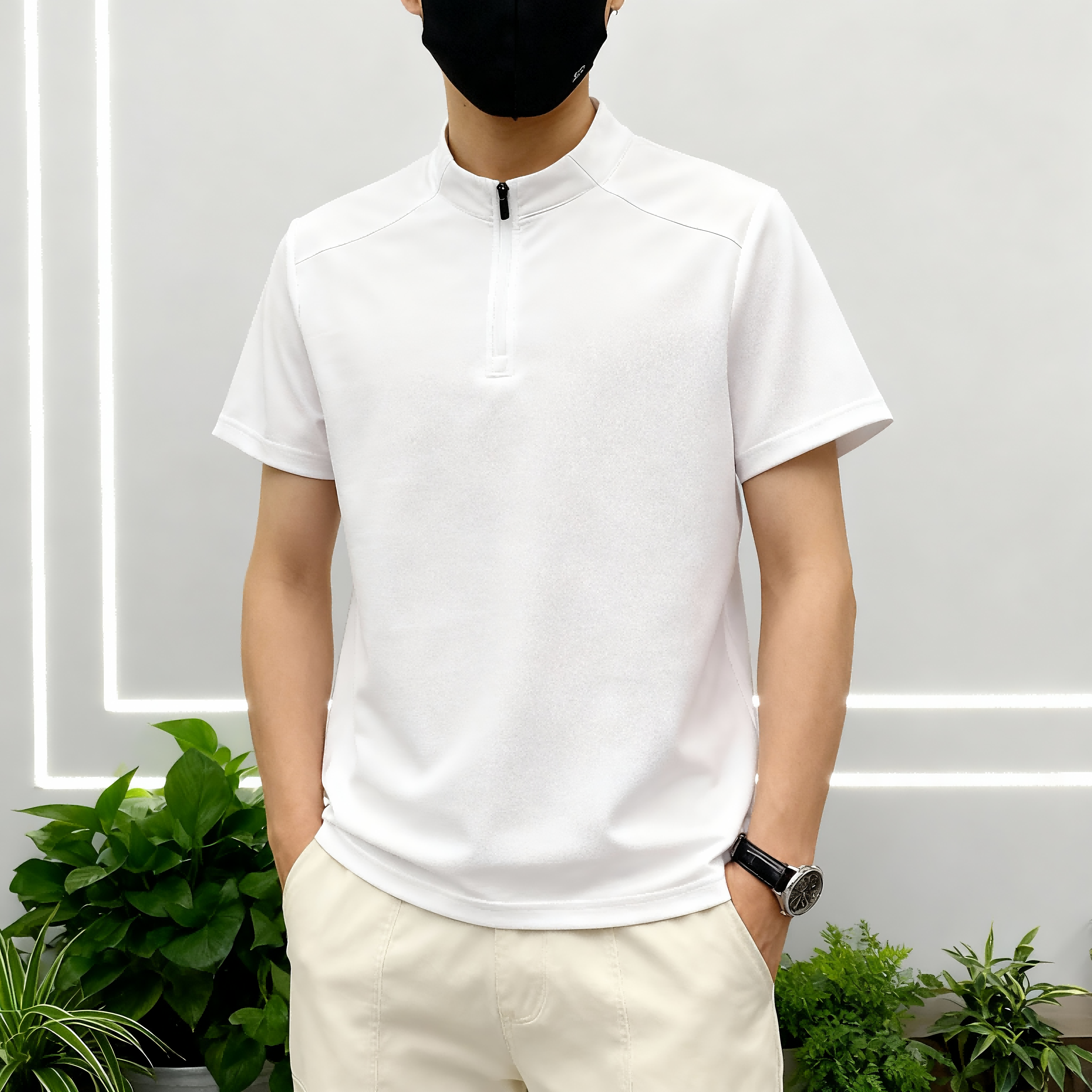 Factory-direct Wholesale Sporty Stand Collar Zip-up Short Sleeve Solid T-shirt For MenHigh Quality Breathable Comfortable