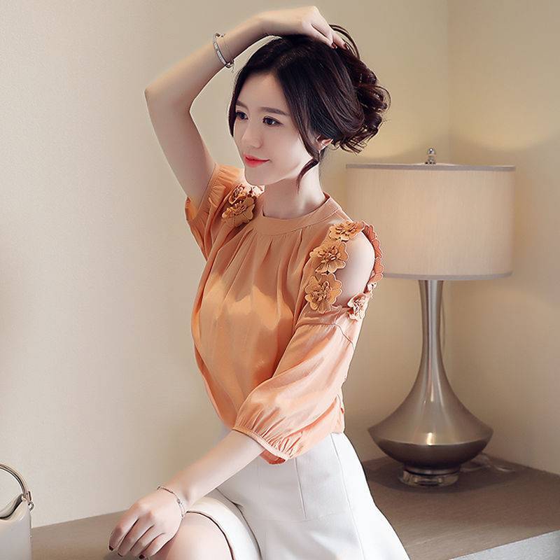 Title 2, Sleeved Blouse Off-shouldered Chiffon Blouse In...