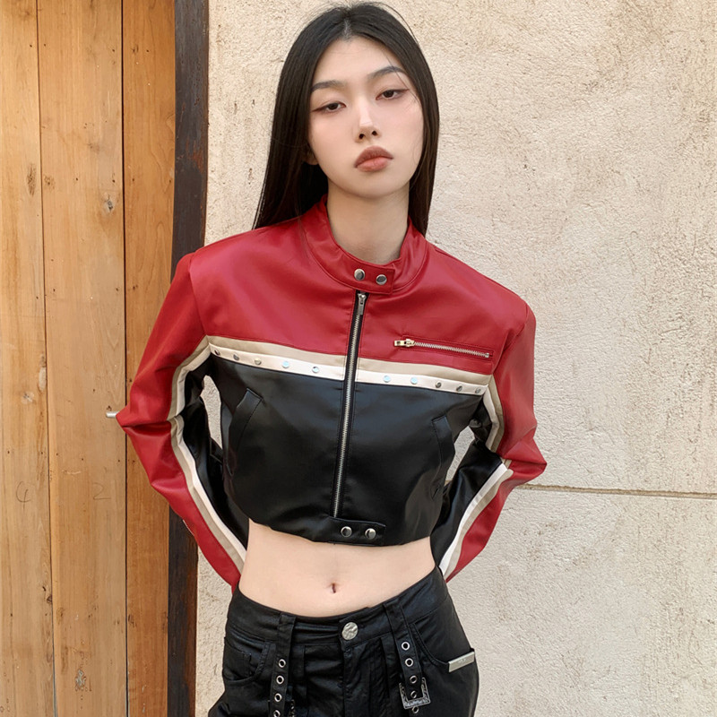 Women's Fashion Casual Long Sleeve Contrast Color Mid-length Short Leather Jacket