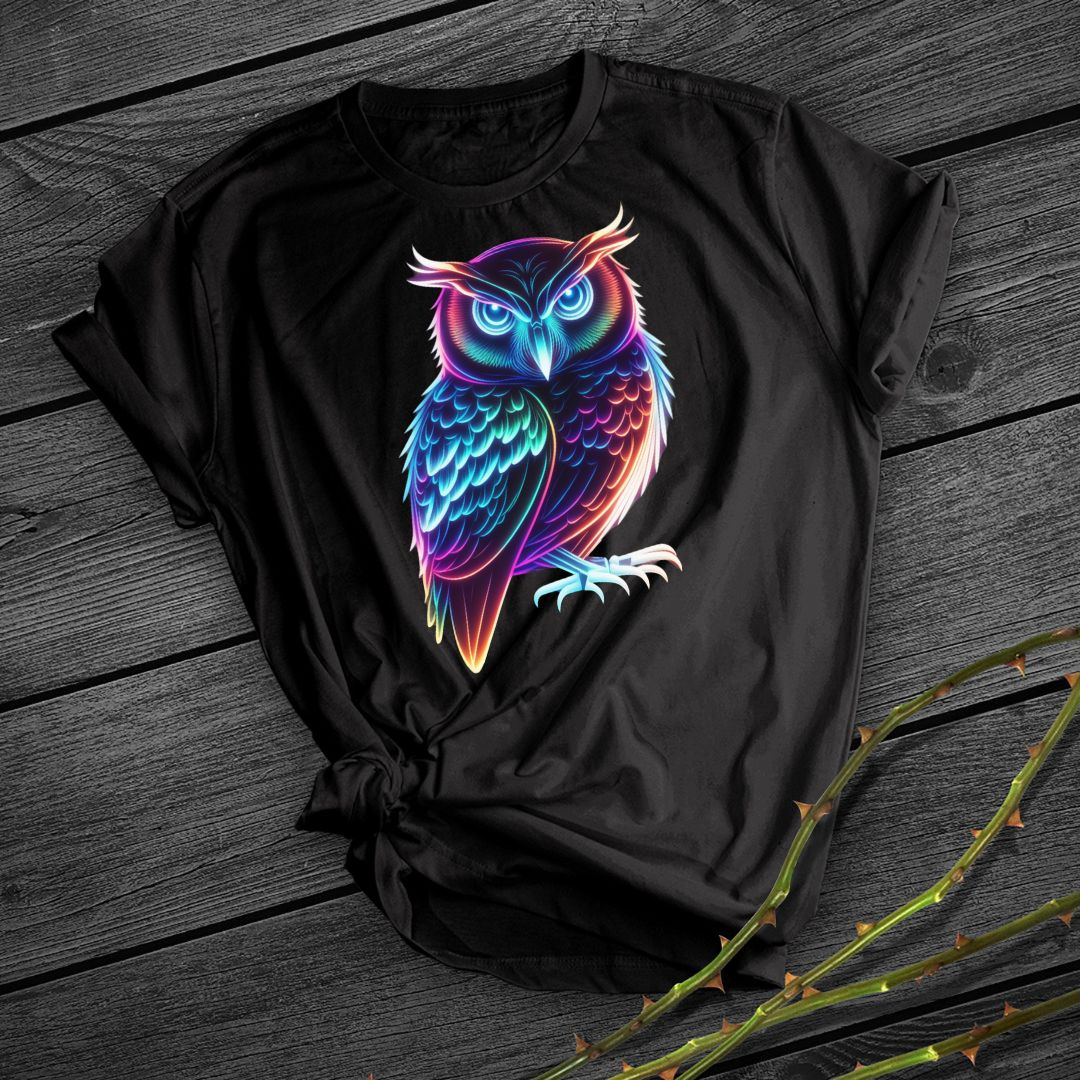 Title 5, Neon Owl Print Casual Short Sleeve T-Shirt. Com...