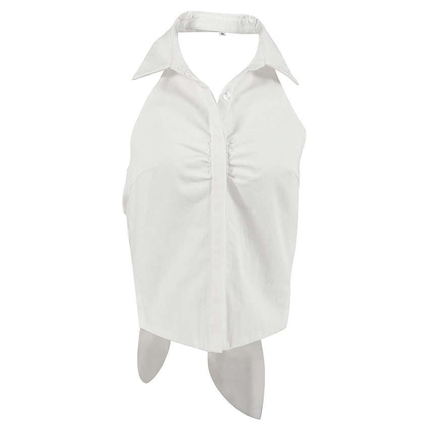 بلوزة نسائية أنيقة بتصميم رقبة هالتر ورباط دانتيل