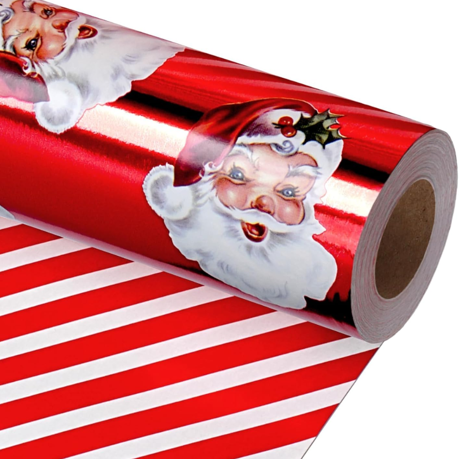 Vintage Santa Foil Christmas Wrapping Paper, Candy Cane Stripe