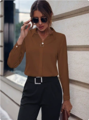 Fashionable Elegant Business Style Long Sleeve Shirt With Pearl Button Coffee - Shop at LoveMi