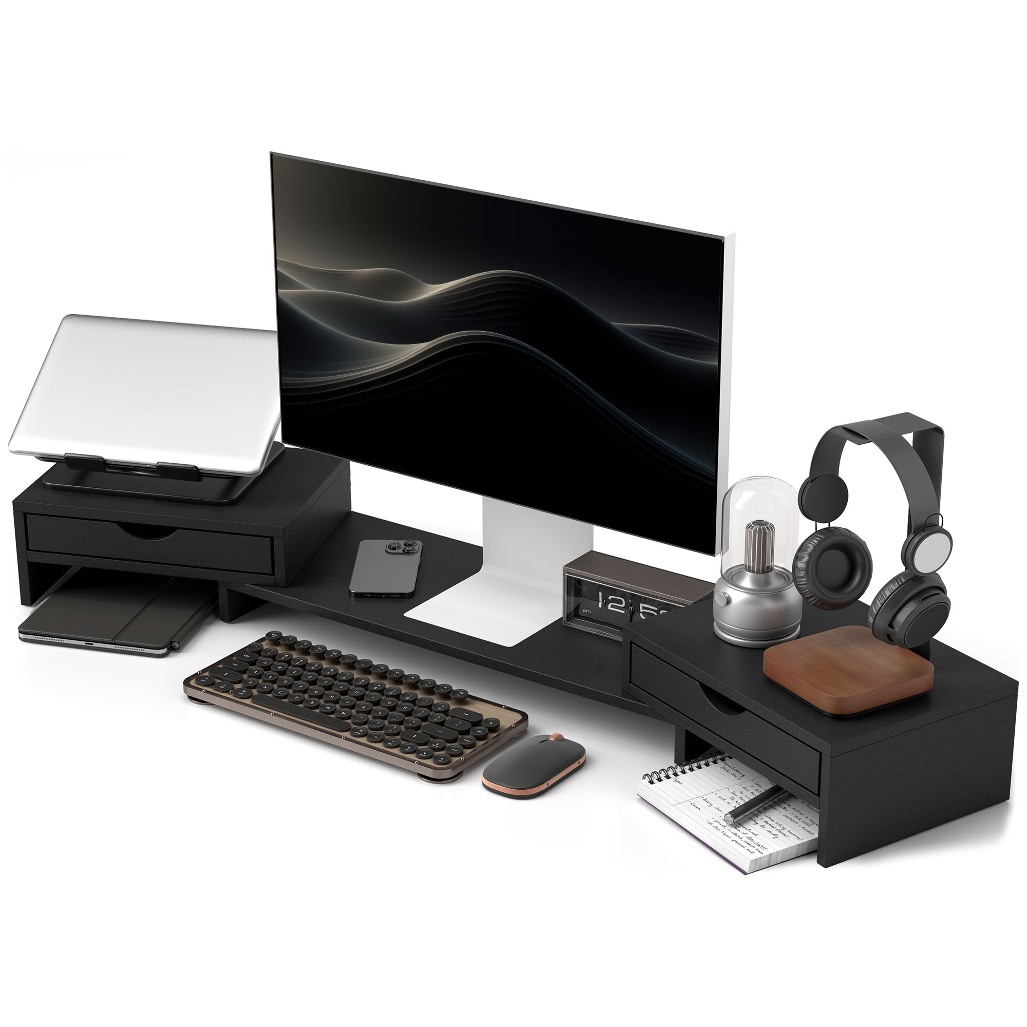 Dual Monitor Stand With 2 Drawers, Adjustable Length And Angle, 116cm Suitable — image 9