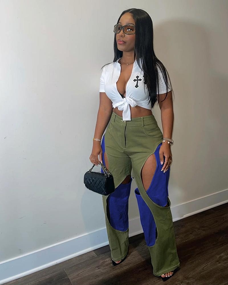 Contrasting Color Thread Stitching Hollow-out Casual Pants