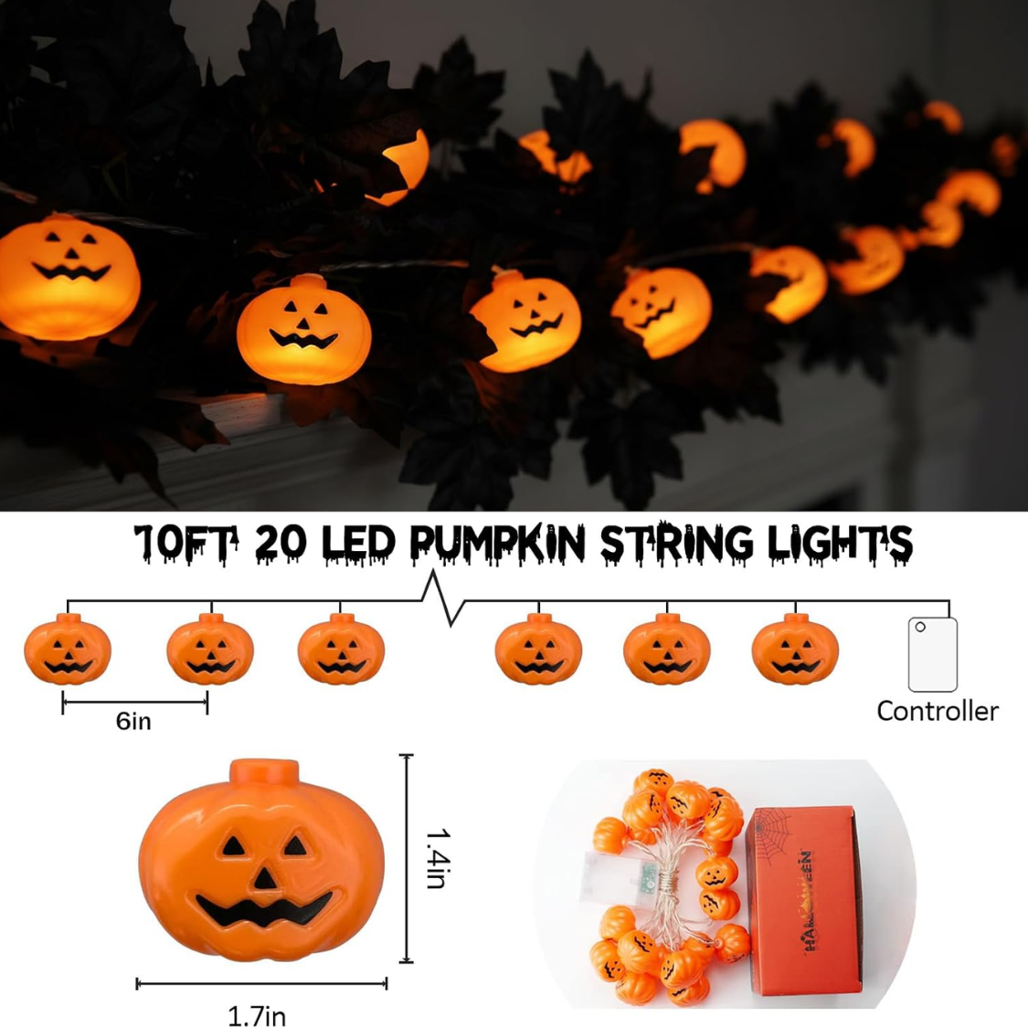 Decorations Pumpkin String Lights  20 LED 10 FT 3D Cute Waterproof — foto 4