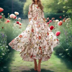 Women's Elegant Floral Print Boho Dress - Round Neck Half Sleeves Flowy Maxi Dress - White - View 1