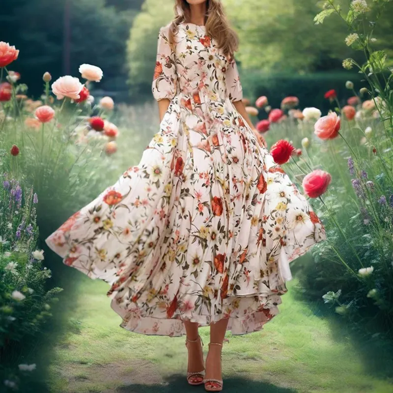 Women's Elegant Floral Print Boho Dress - Round Neck Half Sleeves Flowy Maxi Dress - White