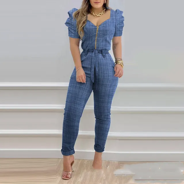European And American Puff Sleeve Lace up Jumpsuit Women Blue - Shop at LoveMi