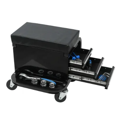 Rolling Creeper Garage Shop Seat With Three Built-in Drawers, Rolling Tool Chest Black