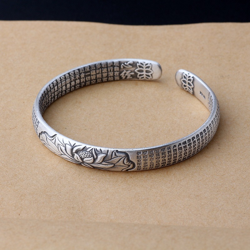 Pure Silver Heart Sutra Bracelet Female Retro Ethnic Style Opening