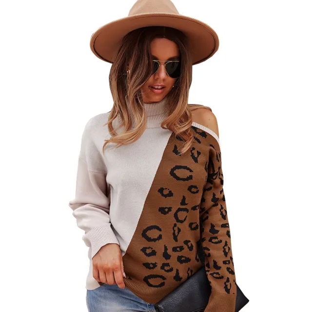 Sweater Leopard Pattern Stitching Top Waistcoat Long Sleeve Women Caramel - Shop at LoveMi