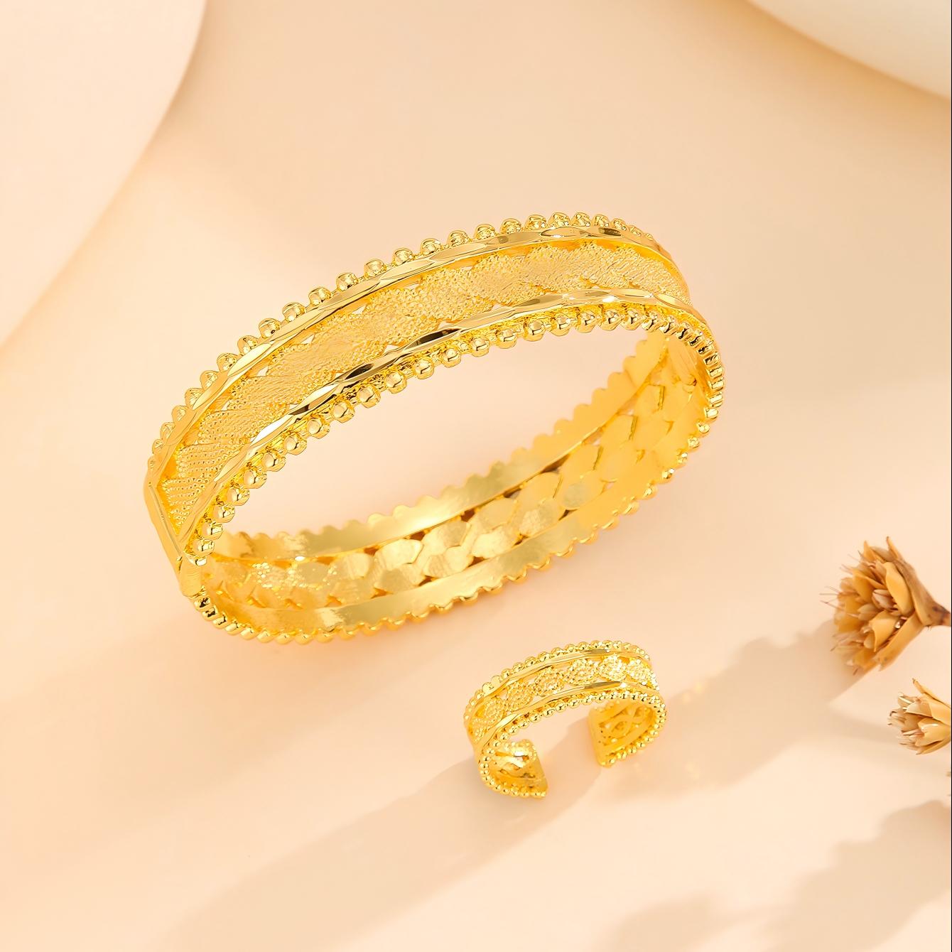2pcs Vintage Gold Plated Bracelet, Open Bracelet Ring Jewelry, Women's Festival Wedding Jewelry Set — foto 7
