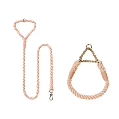 Woven Cotton Pet Dog Leash Collar Set - Pink Gold - View 1