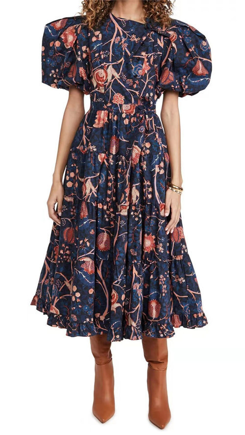 Elegant Dress For Women O Neck Puff Short Sleeve High Waist