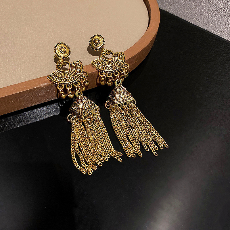Diamond Retro Tassel Stud Earrings European And American Long Hollow Earrings