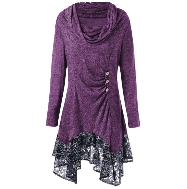 Ladies Long Sleeve Hem Lace Irregular Dress