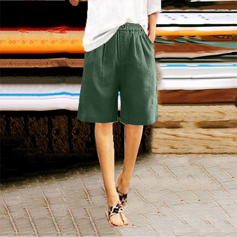 Women's Casual High Waist Loose Fit Solid Color Shorts Button & Elastic Waist With Pockets, Comfortable Summer Shorts Green - Shop at LoveMi