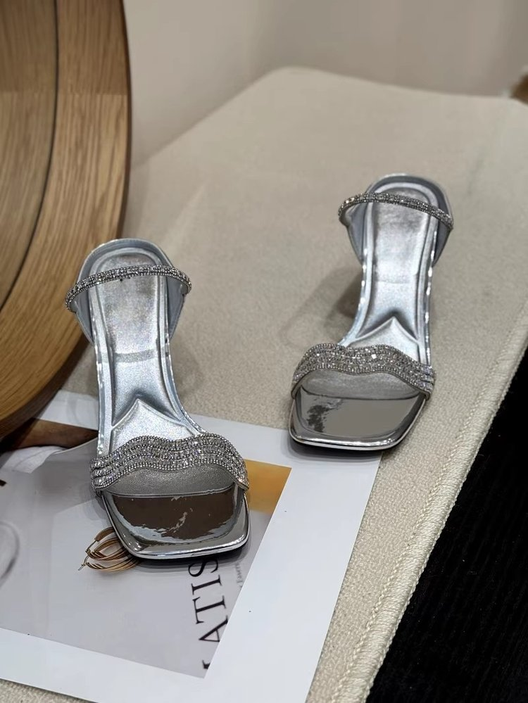Chuyuji Elegant Glam Rhinestone One-Strap Sandals For Women, 2026 New Summer Slim High-Heel Open-Toe Outdoor Shoes