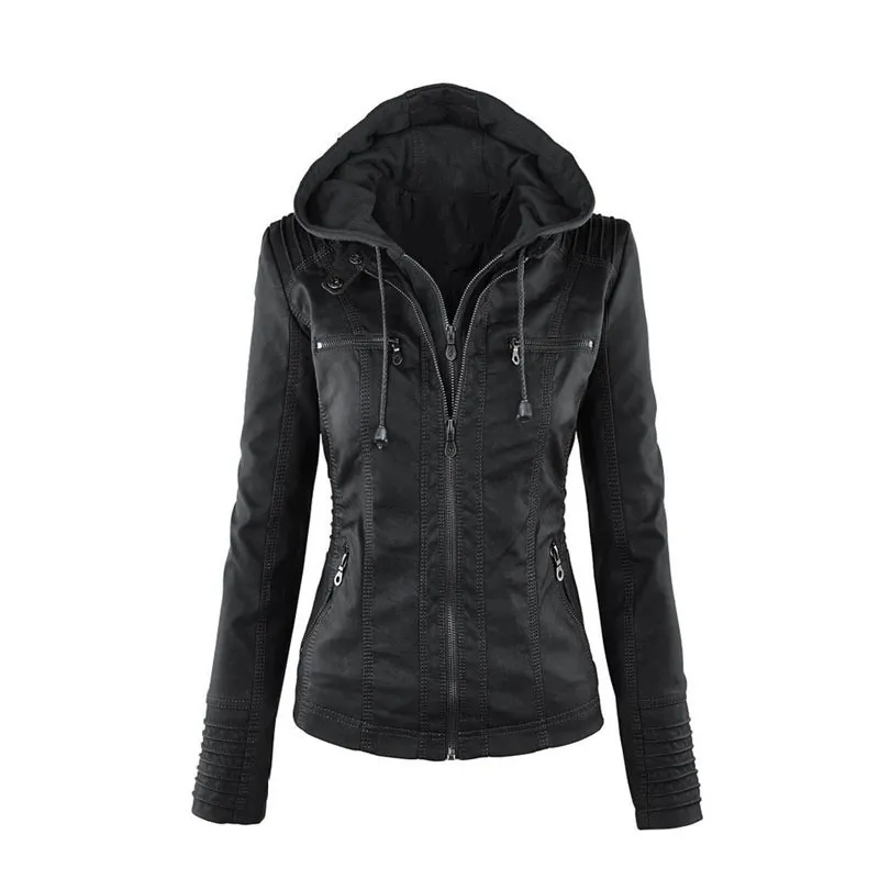Women's Short Leather Pu Leather Jacket - Black