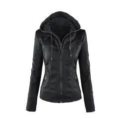 Women's Short Leather Pu Leather Jacket - Black - View 1