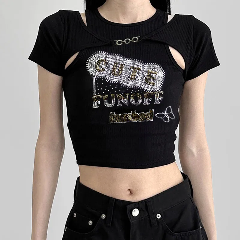 Design Rhinestone Vest Blouse Short Sleeve All-matching - Black