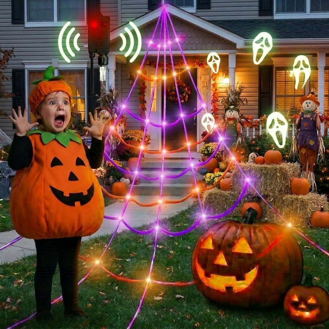 Halloween Lighted Spider Web With 150 LED Lights Motion Activated Outdoor Yard Decor