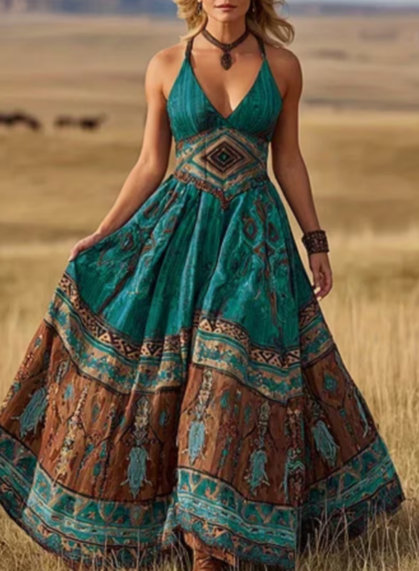 Deep V neck Fitted Waist Full Skirt Sleeveless Long Vacation Dress For Women Blue - Shop at LoveMi