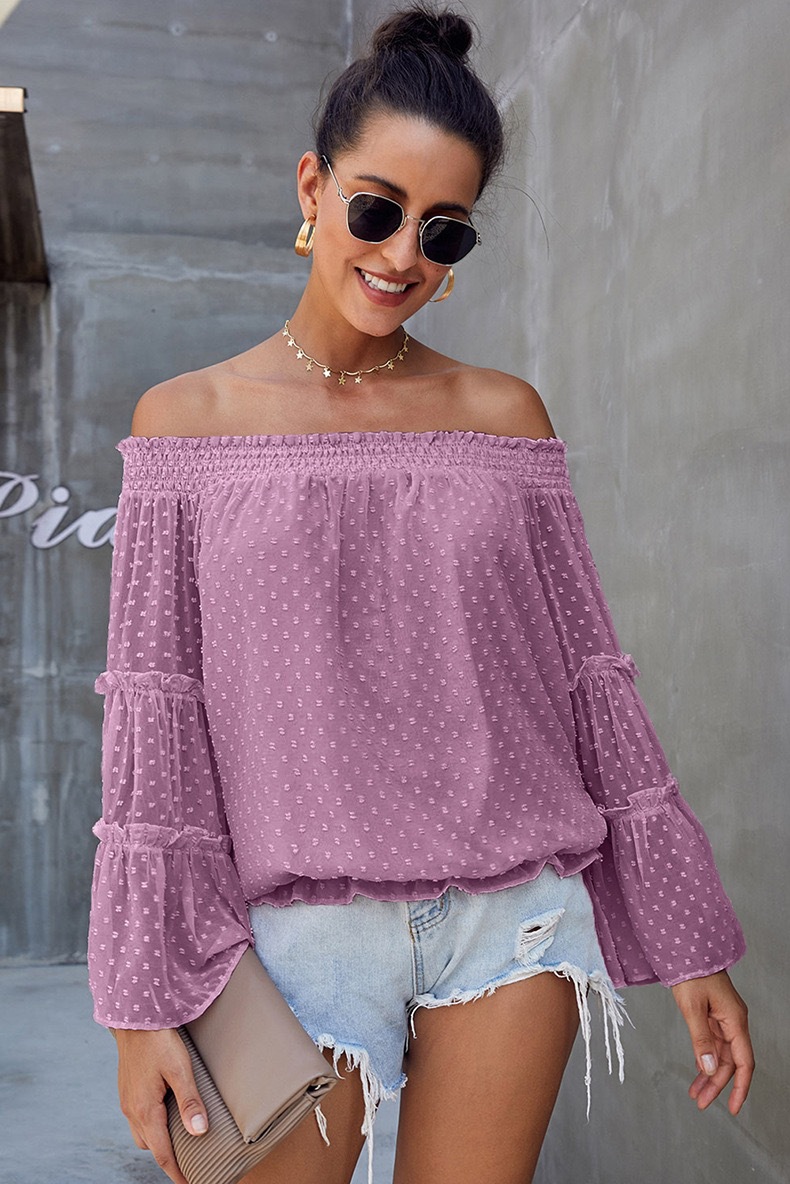 New Trumpet Long-sleeved Chiffon Off-the-shoulder Neckline Hollow Loose Top
