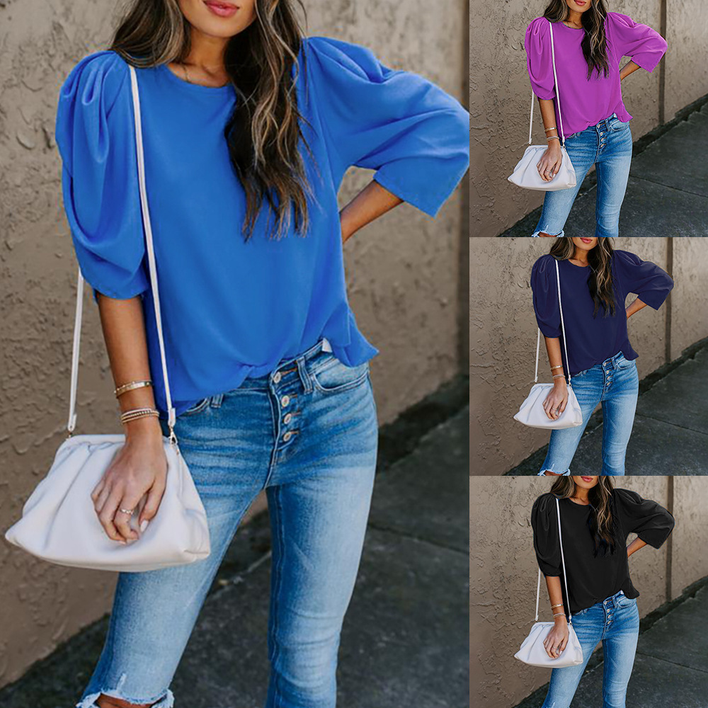 Women's Solid Color Three-quarter Sleeve Round Neck Casual Loose Shirt
