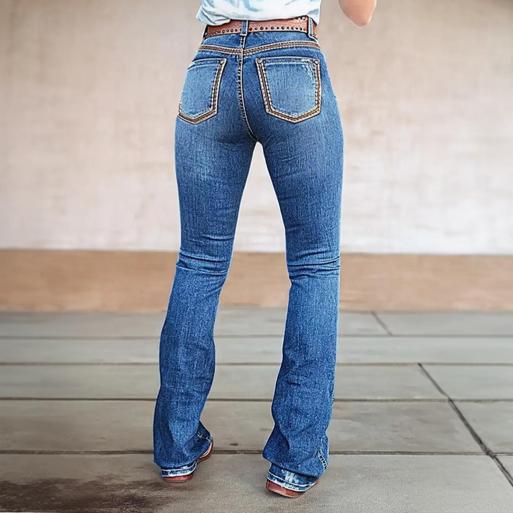 Women's Classic Western Bootcut Jeans, Mid Rise Stretch Denim With Tooled Leather Style Trim On Waist & Pockets, Cowgirl Pants Light Blue - Shop at LoveMi