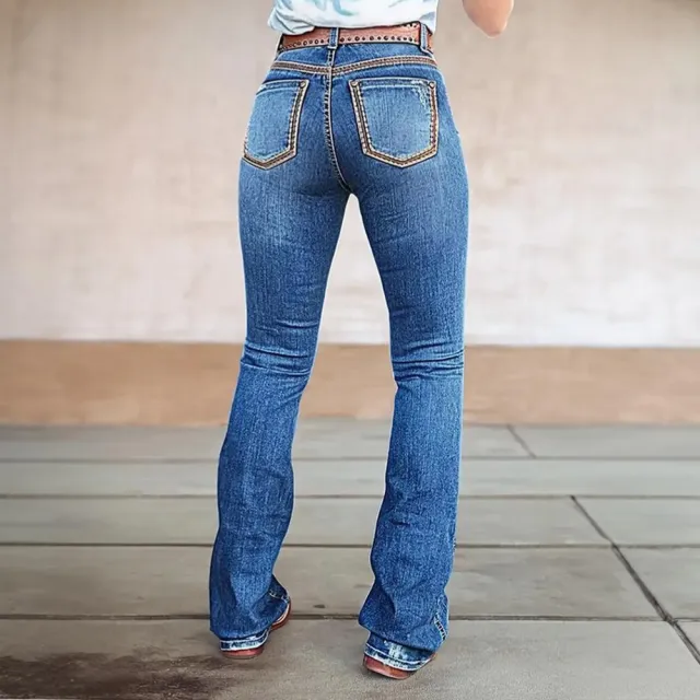 Women's Classic Western Bootcut Jeans, Mid Rise Stretch Denim With Tooled Leather Style Trim On Waist & Pockets, Cowgirl Pants Light Blue - Shop at LoveMi