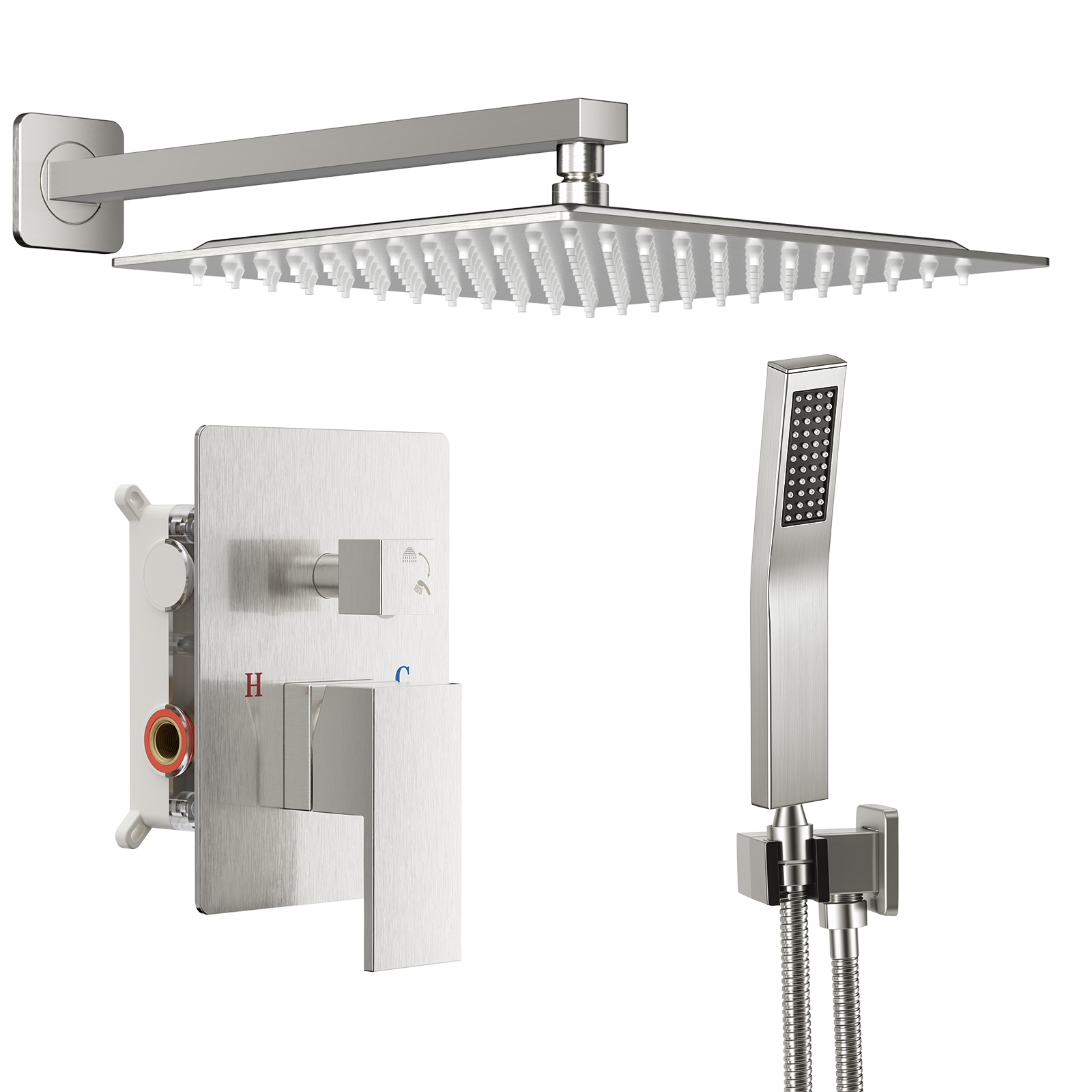 Wall-mounted Shower Faucet Set - 10-inch Square Overhead Spray - Handheld Shower Head With Pressure Balance And Temperature Control Valve — foto 8
