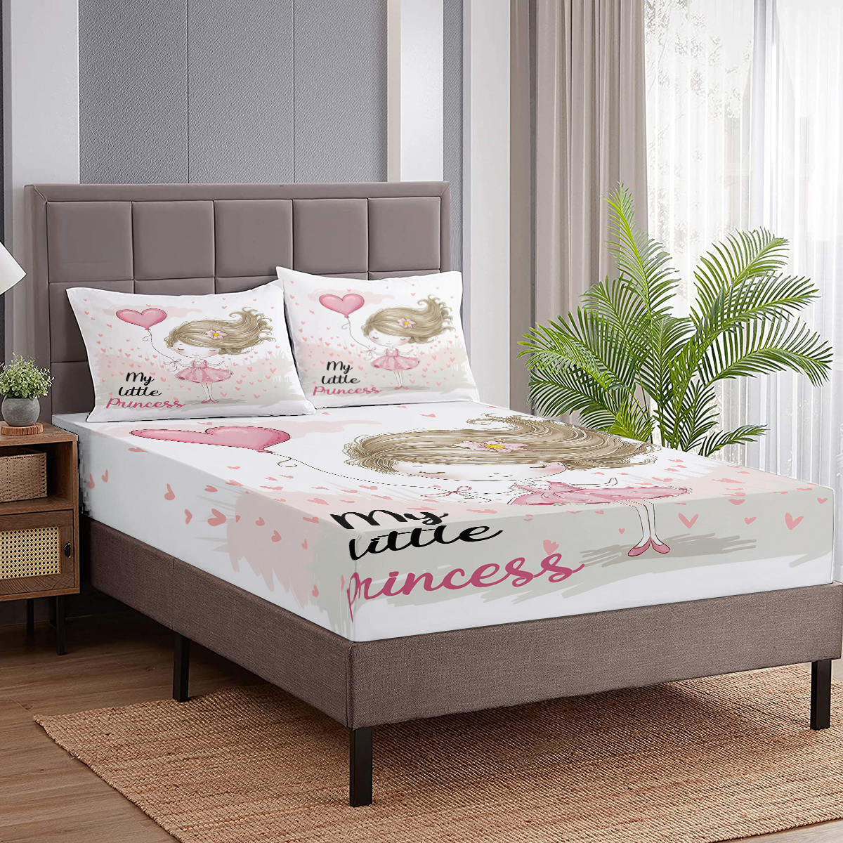 3PCS Girly Bed Fitted Sheet Set, My Little Princess, 1 Fitted Sheet, 2 Pillow Cases