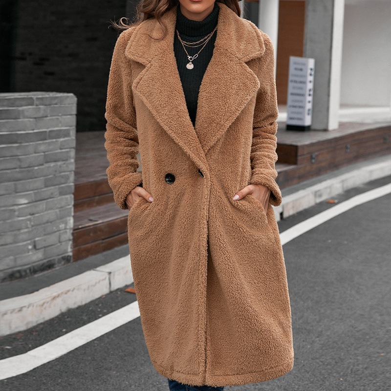 Single breasted Mid plush Trench Coat Loose collar Lambswool Coat Khaki - Shop at LoveMi