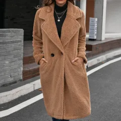 Single-breasted Mid-plush Trench Coat Loose-collar Lambswool Coat - Khaki - View 1