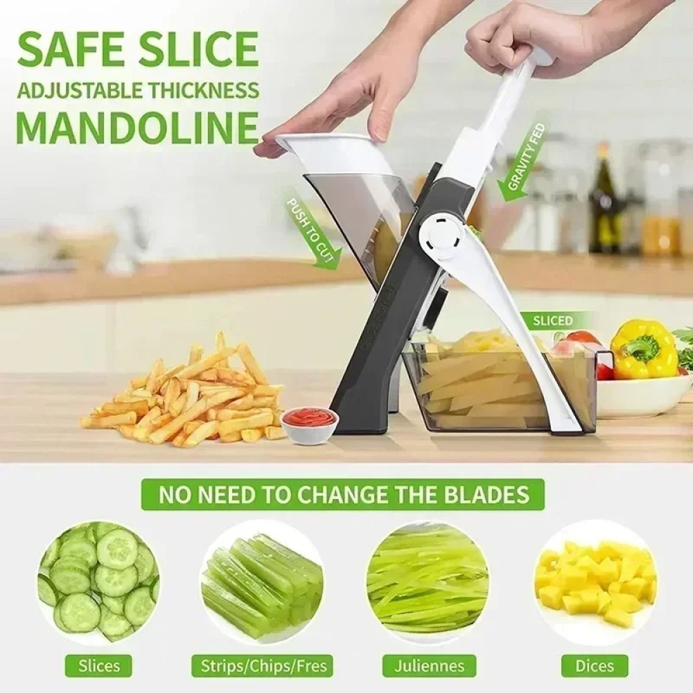 Safe slicing with fries dropping into the container