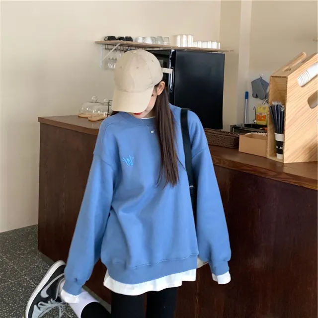 Korean Version Of Loose Thin Spring Fake Two Pieces Hoodie Blue - Shop at LoveMi