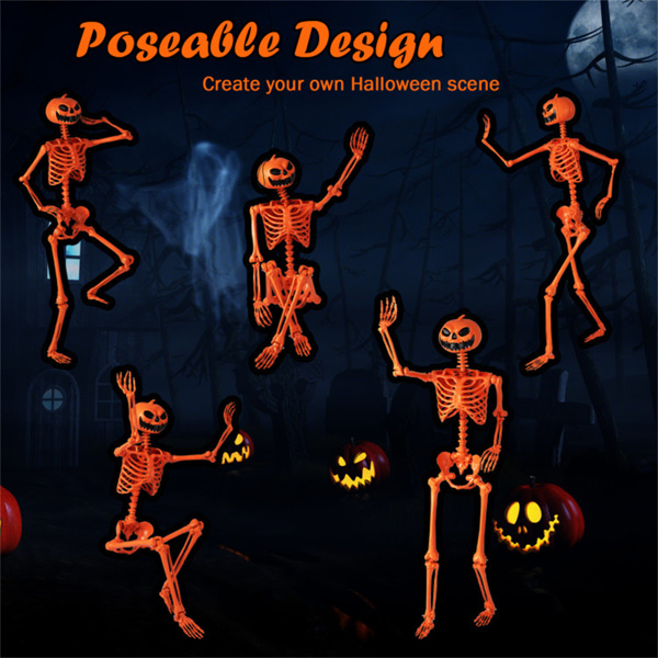 5.5ft Life-Size Halloween Skeleton with Pumpkin Head - Orange Color, Fully Poseable Joints (Jaw/Shoulders/Knees), PP+PE Material-15