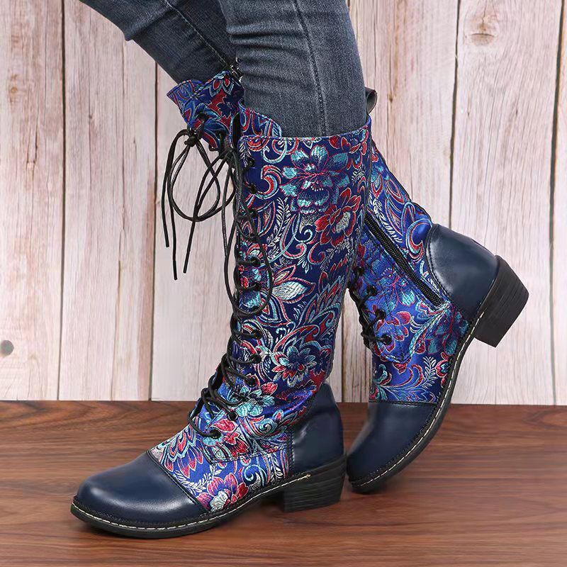 Vintage Mid-heel High-top Women's Boots Side Zipper Boots